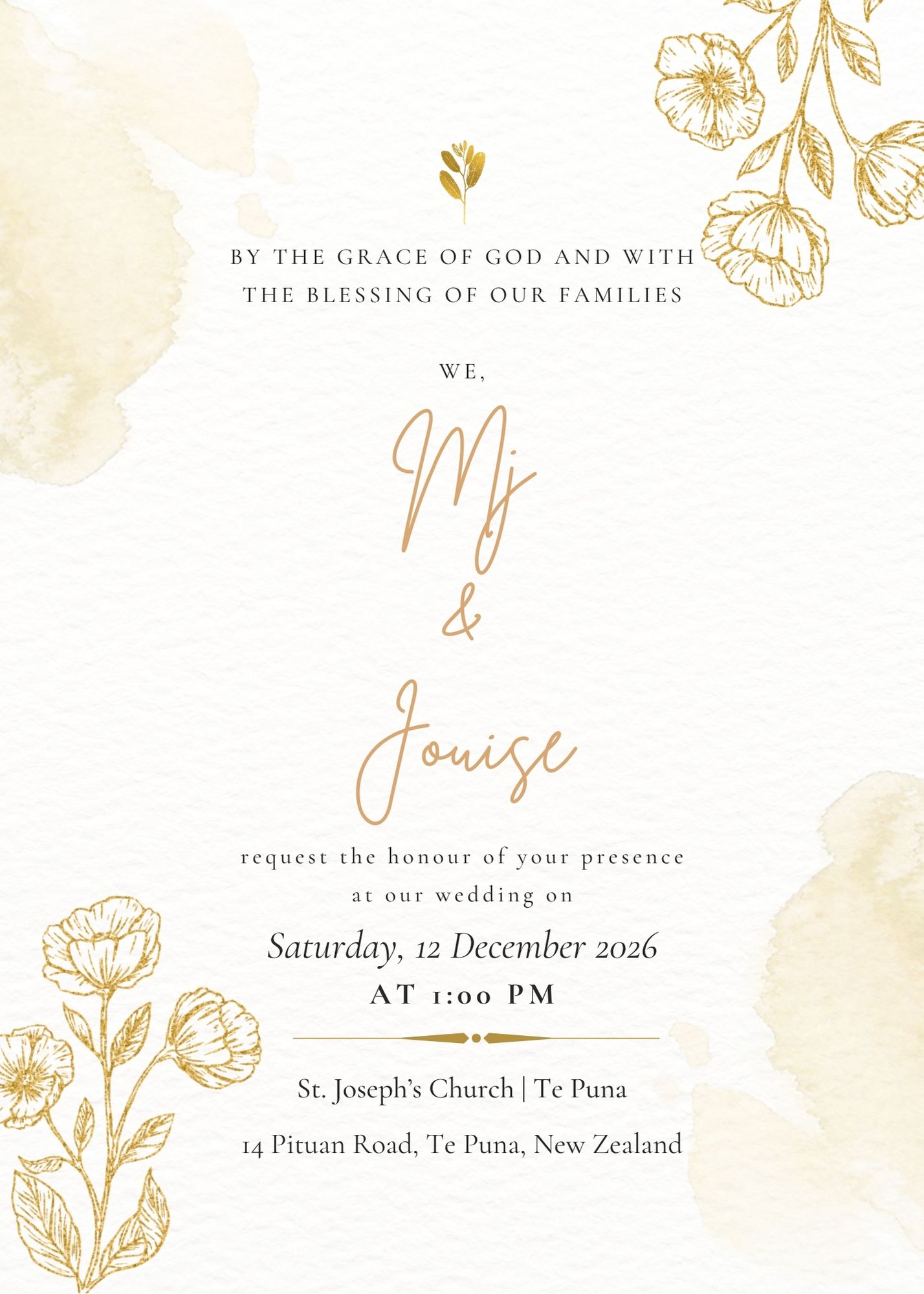 Wedding details for MJ and Jouise, Saturday 12 December 2026 at 1:00 PM.